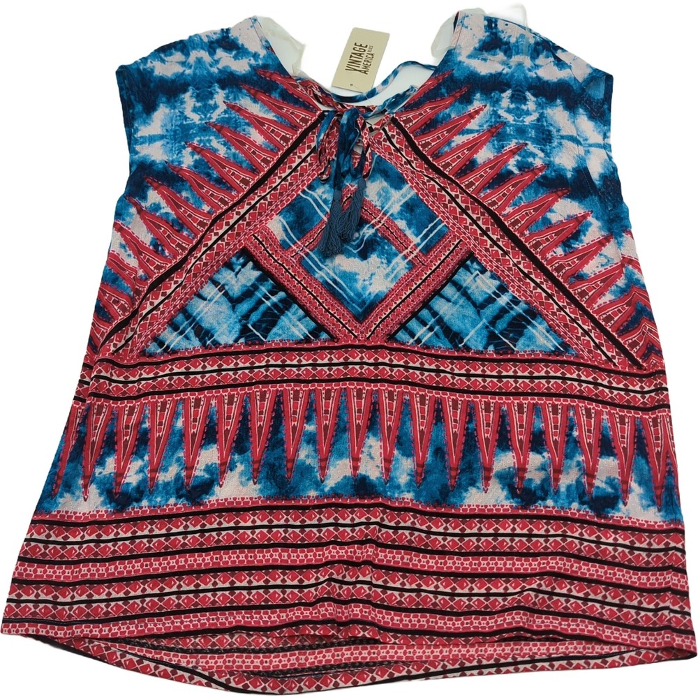 Vintage America Blues Aztec Sky Print Sleeveless Tassel Tie Top Blue Red Small